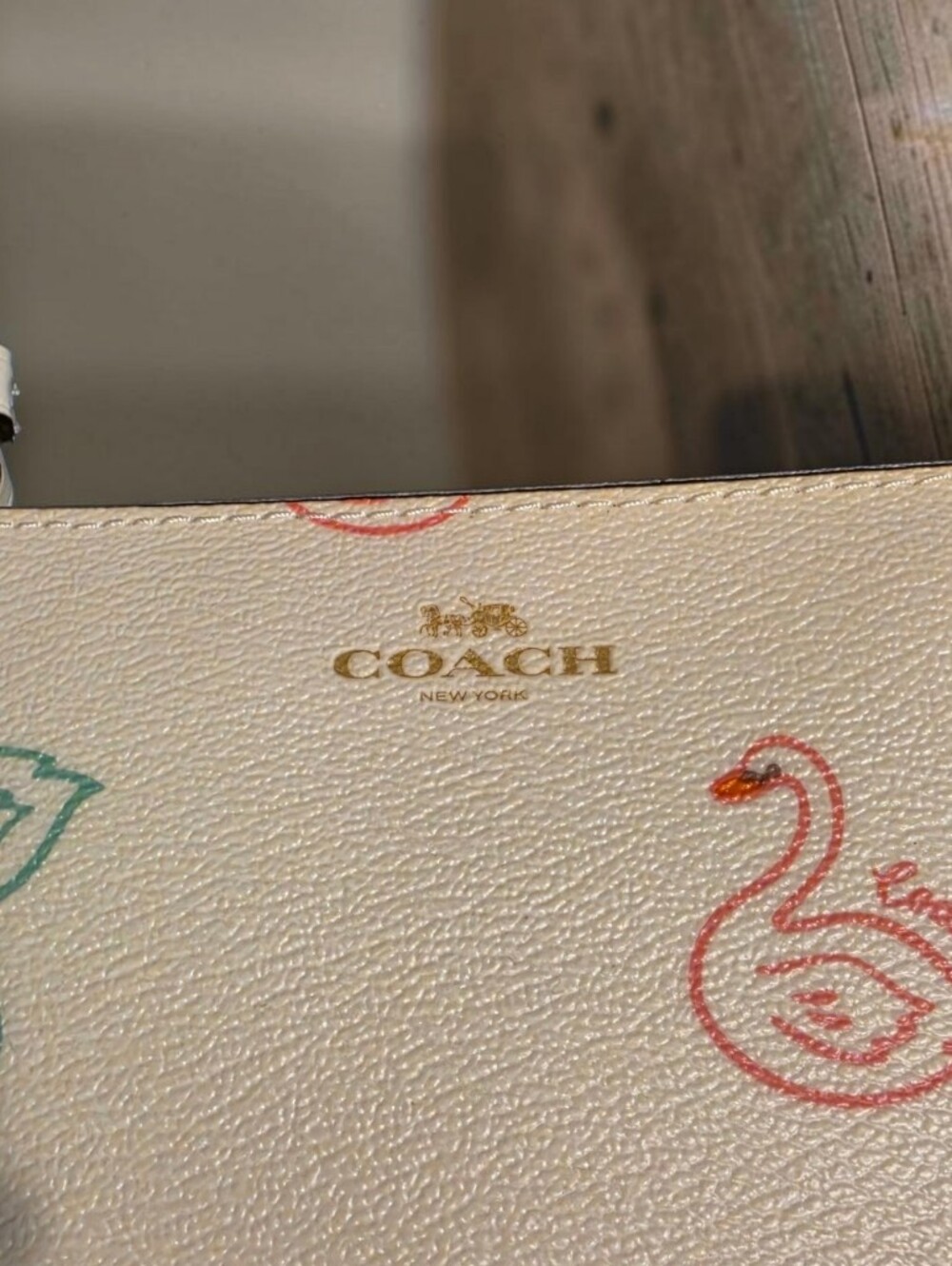 Coach Cream Wristlet with Pastel Pink and Mint Swans - Picture 2 of 6